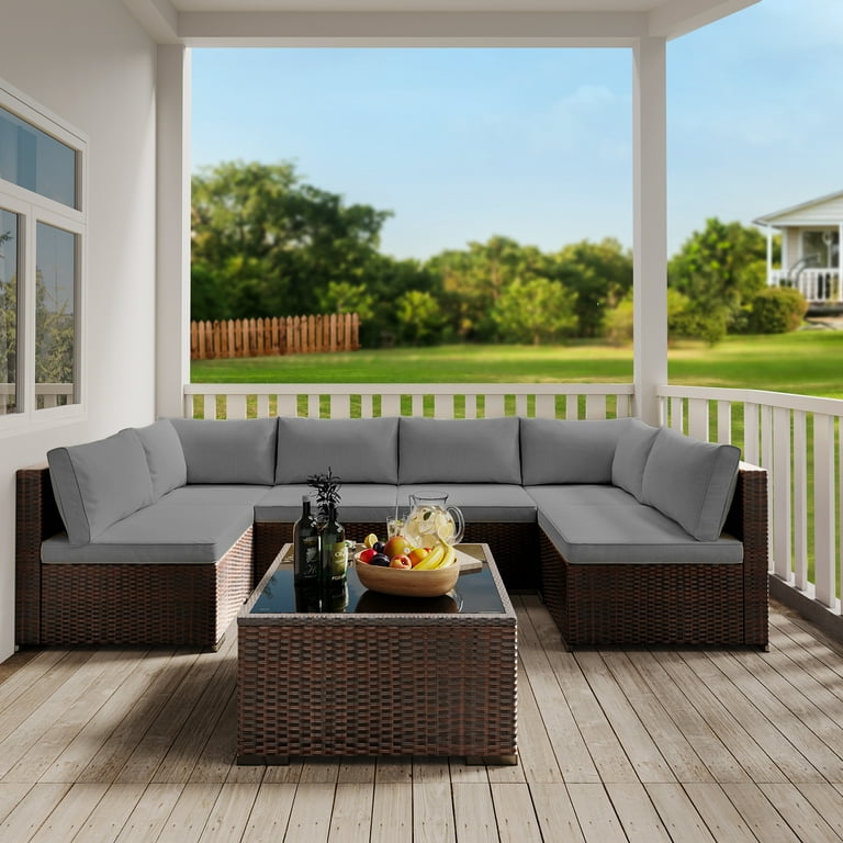 Aiho Piece Patio Sectional, Rattan Wicker Sofa Set with Cushions