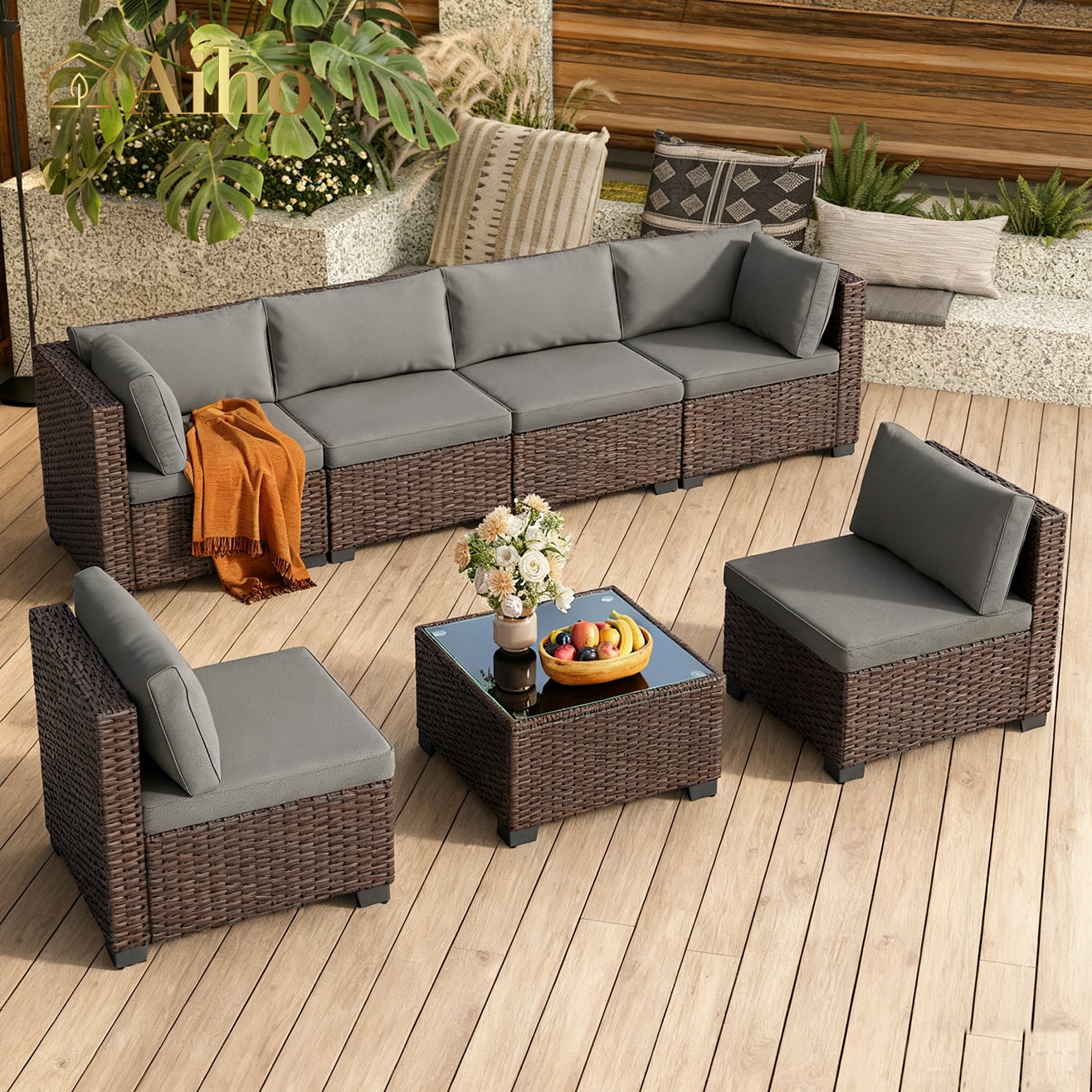 Aiho 7 Piece Patio Sectional, Rattan Wicker Sofa Set with Cushions and Coffee Table, Gray