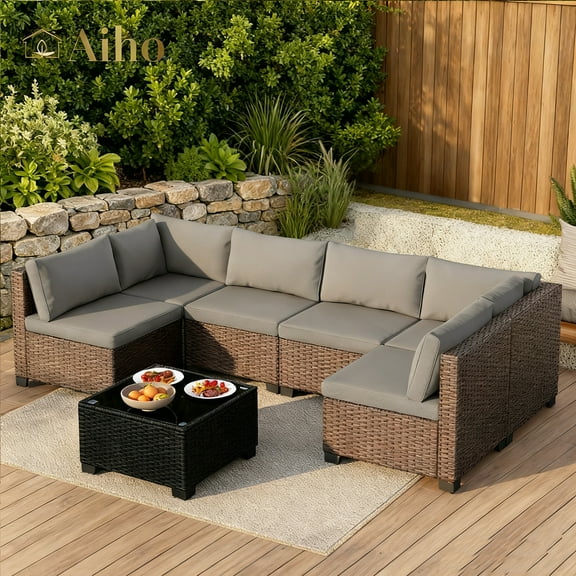 Aiho 7 Piece Outdoor Patio Furniture Set, Rattan Wicker Outdoor Conversation Sectional Sofa Set, Gray