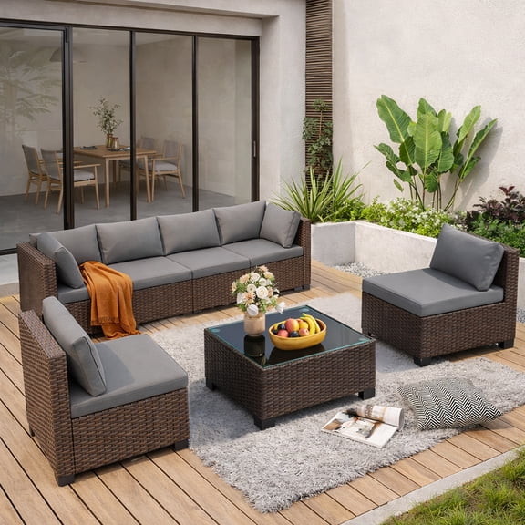 All-Weather 7 Piece Patio Furniture Set, Rattan Wicker Outdoor Conversation Sectional Sofa Set with Glass Table, Gray