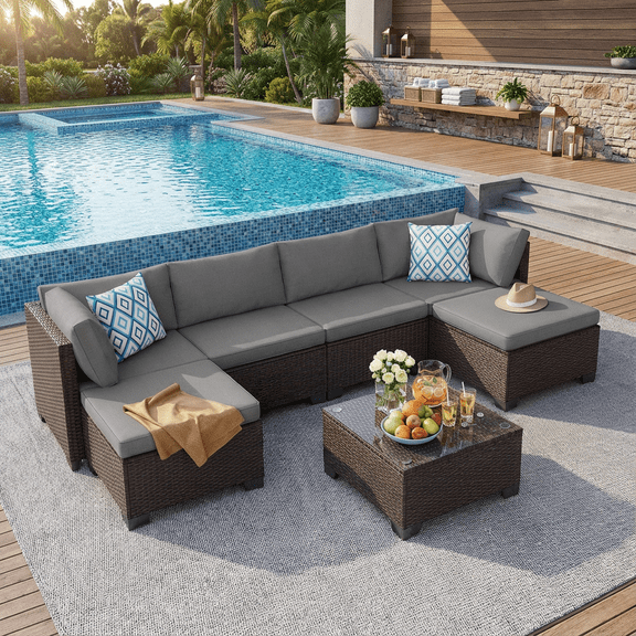 7-Piece Outdoor Patio Furniture Set, PE Rattan Sectional Sofa for 6 with Tempered Glass Table & Waterproof Cushions, All-Weather Conversation Set for Garden - Gray