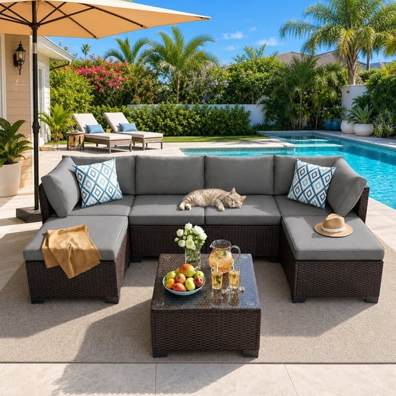 Outdoor Patio Furniture Set, PE Rattan Sectional Sofa for 6 with Tempered Glass Table & Waterproof Cushions, All-Weather Conversation Set for Garden - Gray
