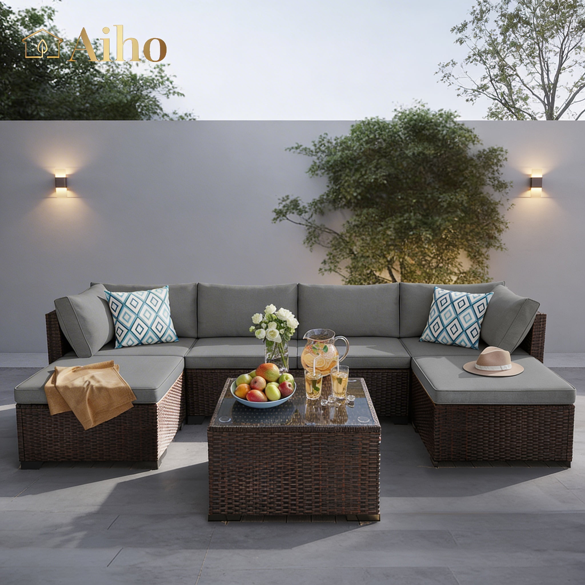 Aiho 7-Piece Rattan Patio Furniture Set , Outdoor Sectional Furniture Set for Patio, Garden, Backyard, Grey