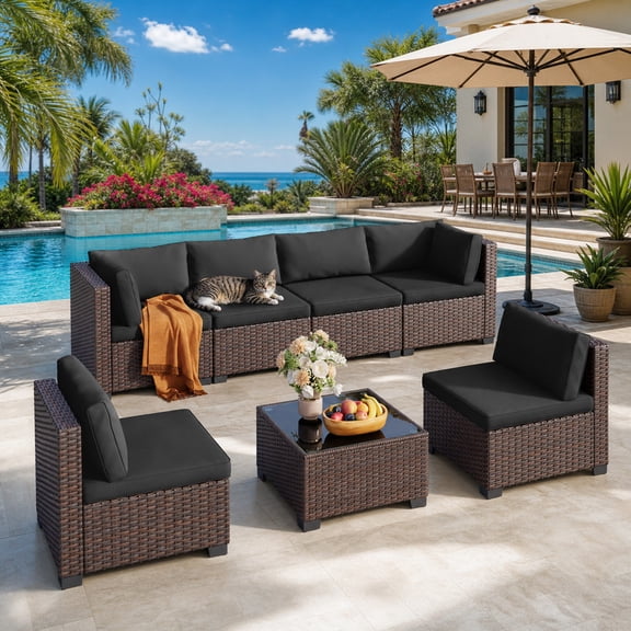 Aiho 7-Piece Rattan Patio Furniture Set , Outdoor Sectional Furniture Set with Tempered Glass Table for Patio, Garden, Backyard
