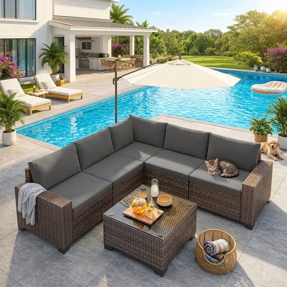 Outdoor Patio Conversation Set, All-Weather Gray PE Wicker Sectional Sofa with Coffee Table & Thick Cushions