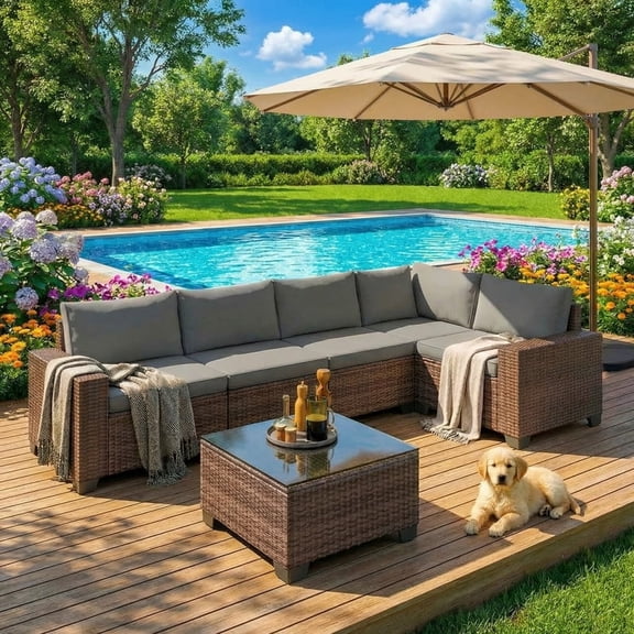 Outdoor Patio Conversation Set, All-Weather Gray PE Wicker Sectional Sofa with Coffee Table & Thick Cushions