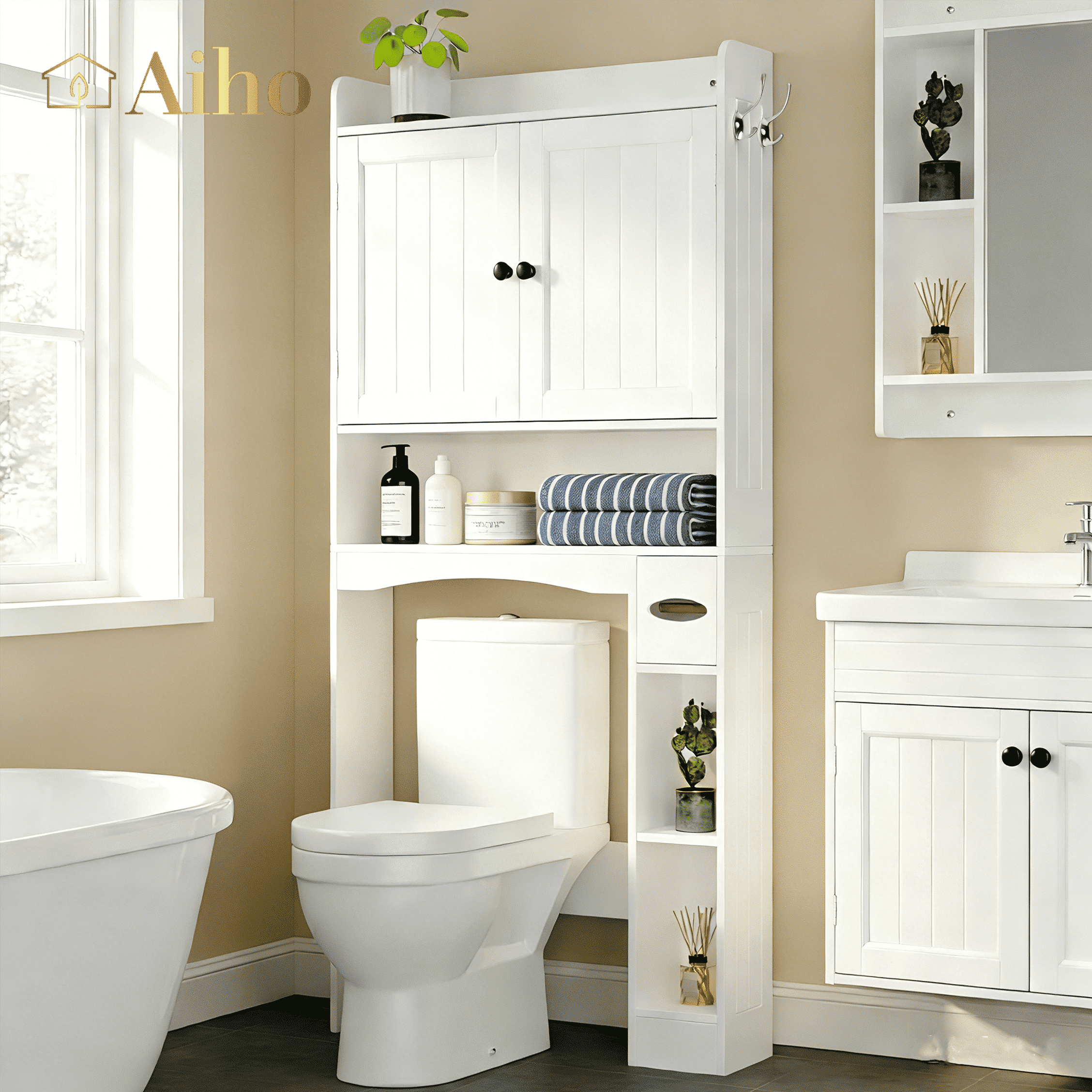 Aiho 70.3" Tall Over the Toilet Storage Cabinet, Bathroom Organizer Above Toilet with Adjustable Shelves & 2 Side Hooks, Space Saver for Bathroom, Laundry, White