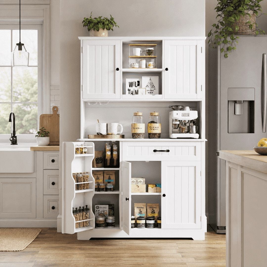 Aiho 67" Farmhouse Kitchen Pantry Storage Cabinet, Modern Coffee Hutch with Doors, Shelves & Microwave Stand, Cupboard for Dining Room - White