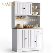Aiho 71" Farmhouse Kitchen Pantry Storage Cabinet, Modern Coffee Hutch with Doors, Shelves & Microwave Stand, Cupboard for Dining Room - White+Retro