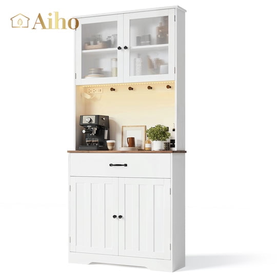 Aiho 71" Farmhouse Kitchen Pantry Storage Cabinet, Modern Coffee Hutch with Doors, Shelves & Microwave Stand, Cupboard for Dining Room - White+Retro