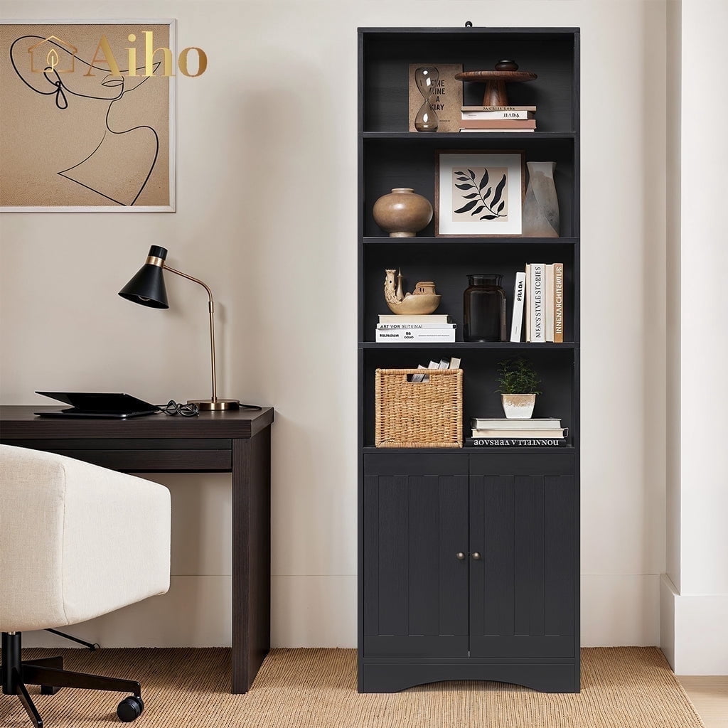 Aiho 71" H Bookcase, 6-Shelf Bookcase with Adjustable Shelves & Doors for Home Office, Living Room, Bedroom - Black