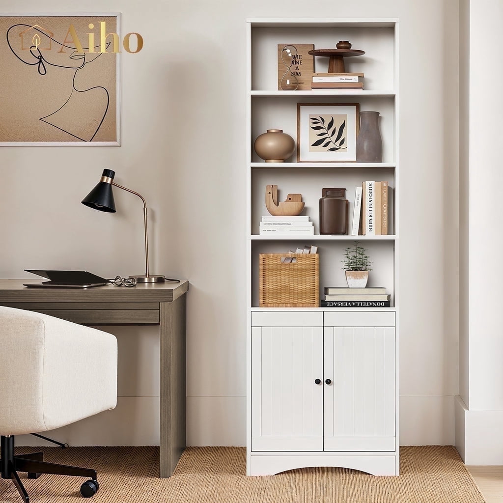 Aiho 71" H Bookcase, 6-Shelf Bookcase with Adjustable Shelves & Doors for Home Office, Living Room, Bedroom - White