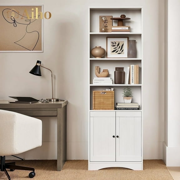 Aiho 71" H Bookcase, 6-Shelf Bookcase with Adjustable Shelves & Doors for Home Office, Living Room, Bedroom - White