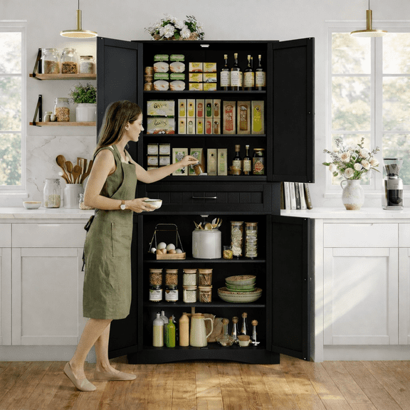 Aiho 71"H Kitchen Storage Cabinet – with Doors, Shelves & Drawer, Large Freestanding Storage for Kitchen, Craft Room Black