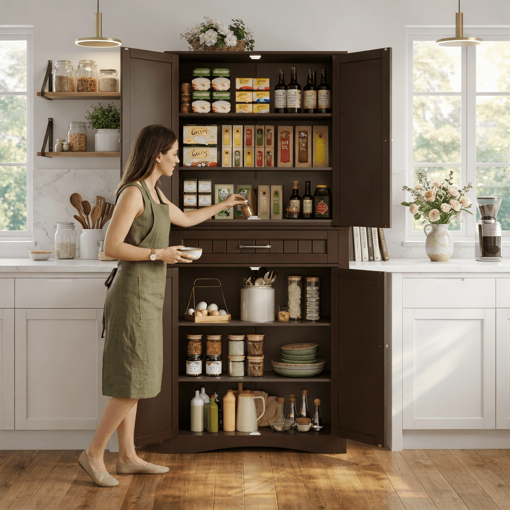 Aiho 71"H Kitchen Storage Cabinet – with Doors, Shelves & Drawer, Large Freestanding Storage for Kitchen, Craft Room Dark Brown