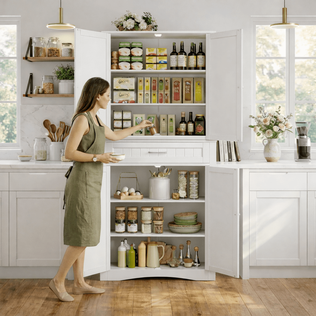 Aiho 71"H Kitchen Storage Cabinet – with Doors, Shelves & Drawer, Large Freestanding Storage for Kitchen, Craft Room White