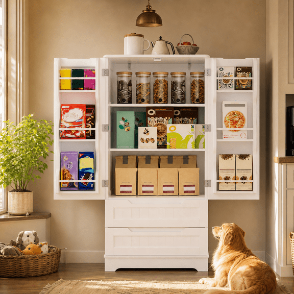 Freestanding White Storage Cabinet with Doors & Drawers, 24"W x16"D x47"H Engineered Wood Pantry Organizer for Kitchen, Bathroom & Laundry Room White