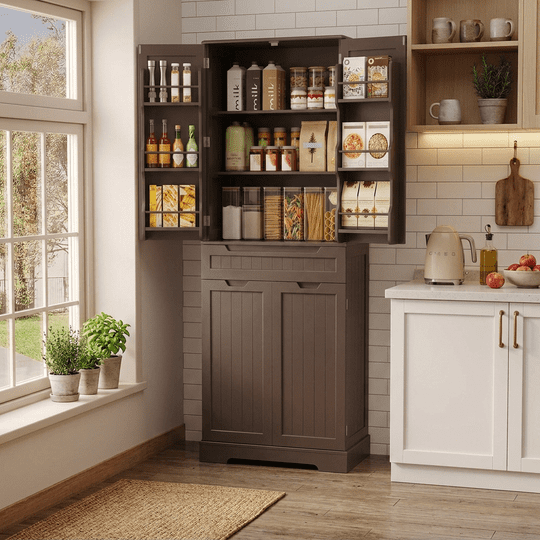 Aiho 71 in tall pantry cabinet with 1 drawer and 4 doors for kitchen and dining room in dark brown