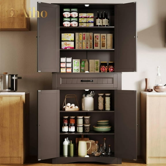 Aiho 71" Kitchen PantryStorage Cabinet with 4 Doors and 4 Adjustable Shelves, Dark Brown