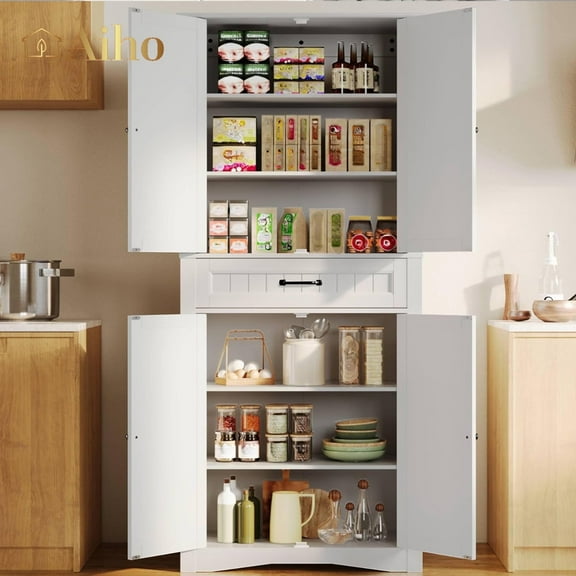 Aiho 71" Kitchen PantryStorage Cabinet with 4 Doors and 4 Adjustable Shelves, White