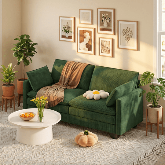 Aiho 75" L Loveseat Sofa, Comfy Corduroy Fluffy Couch with Deep Seat with Double Layer Cushions for Living Room, Apartment, Bedroom, Bedroom - Green