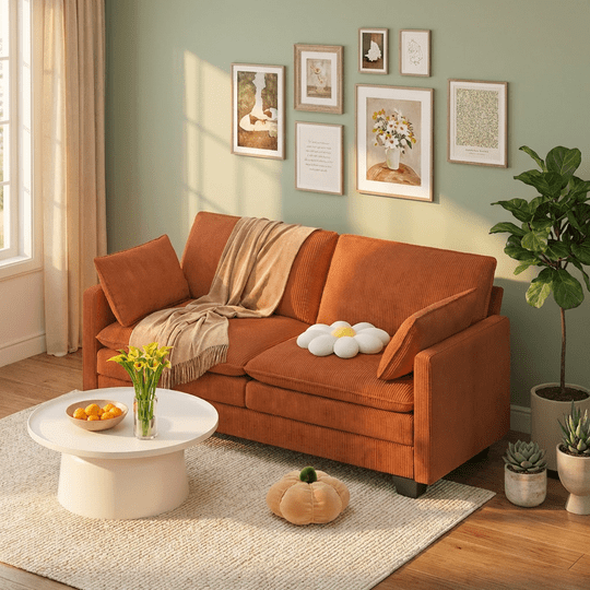 Aiho 75" L Loveseat Sofa, Comfy Corduroy Fluffy Couch with Deep Seat with Double Layer Cushions for Living Room, Apartment, Bedroom, Bedroom - Orange