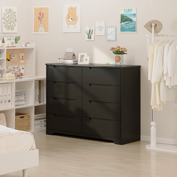 8-Drawer Dresser, 47" Wide Modern Wooden Chest with Cut-Out Handles & Anti-Tip Kit, Multi-Scene Use, Black