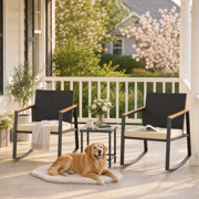 3‑Piece Wicker Rocking Bistro Patio Set, Outdoor Conversation Furniture with Anti‑Scald Armrests, Cushions & Glass‑Top Table for Garden Yard Porch Beige