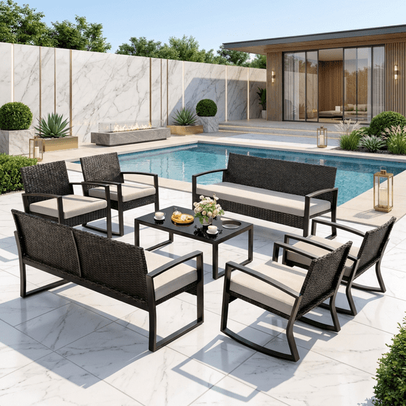 Aiho 8-Piece Outdoor Rocking Patio Set All-Weather PE Wicker Glider Lounge Collection with 4 Single Rocking Chairs, 2 Loveseats & 2 Coffee Table for Garden Balcony Grey