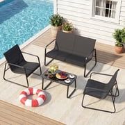 4-Piece steel Patio Furniture Set, Outdoor Leisure Table & Chair Combination with Tempered Glass Coffee Table, Ideal for Porch, Garden & Lawn Black