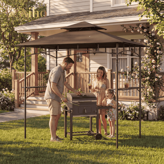 Aiho 8 x 5 FT Grill Gazebo, Outdoor BBQ Canopy Shelter with 2 Side Shelves & Multiple Hooks - Dark Brown