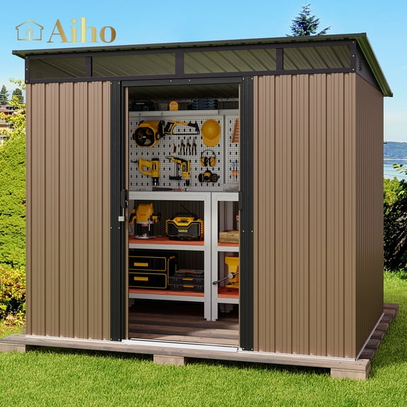 Aiho 8’ x 6’ FT Outdoor Storage Shed Clearance with Sliding Doors for Garden - Brown