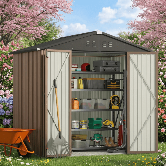 8' x 6' Outdoor Storage Shed on Sale, Aiho Shed & Outdoor Storage Clearance, Metal Storage Shed for Outside, Backyard, Garden & Patio - Light Brown