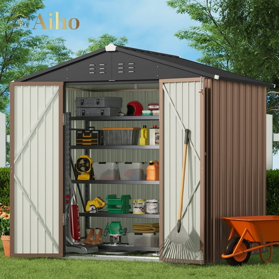 Aiho 8' x 6' Outdoor Storage Sheds with Lockable Double Doors for Garden & Backyard ,Brown