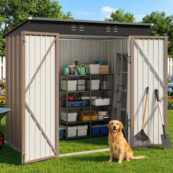 6' x 4' Outdoor Storage Shed - Anti-Corrosion Metal, Double Lockable Doors, Waterproof UV-Proof, Outdoor Storage for Backyard/Patio/Lawn, Brown