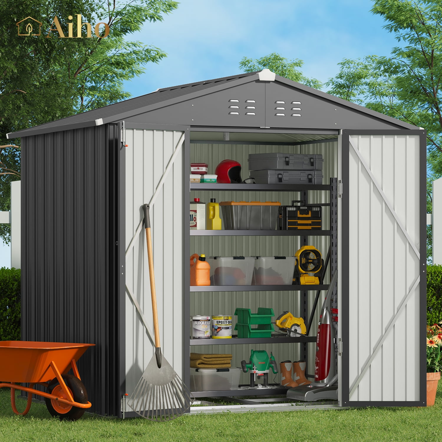 Aiho 8' x 6' Shed on Clearance, Outdoor Storage Shed with Metal Base Frame  & Air Vent & Lockable Doors for Garden and Backyard - Light Brown