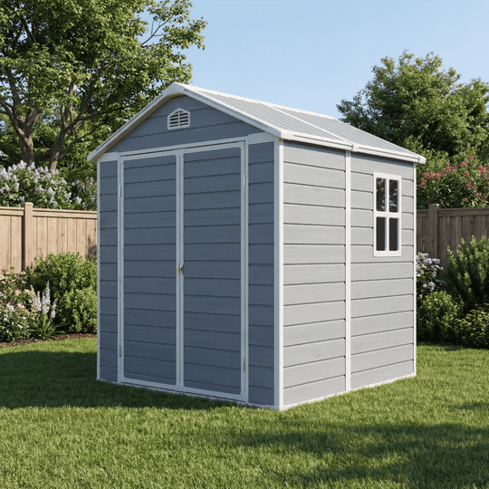 Aiho 8'x6' Outdoor Plastic Storage Shed with  Window, Weather -Resistant, Easy Assembly, Wood-Effect Garden Tool House - Light Gray