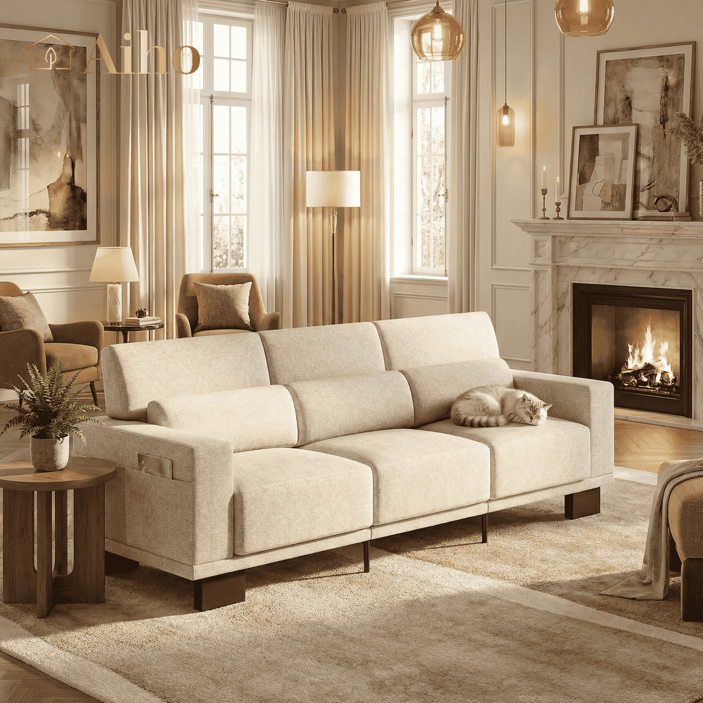 Aiho 89" Chenille Sofa 3-Seater, Pet Friendly Deep Seat Modern Couch with Wide Armrests for Living Room, Beige