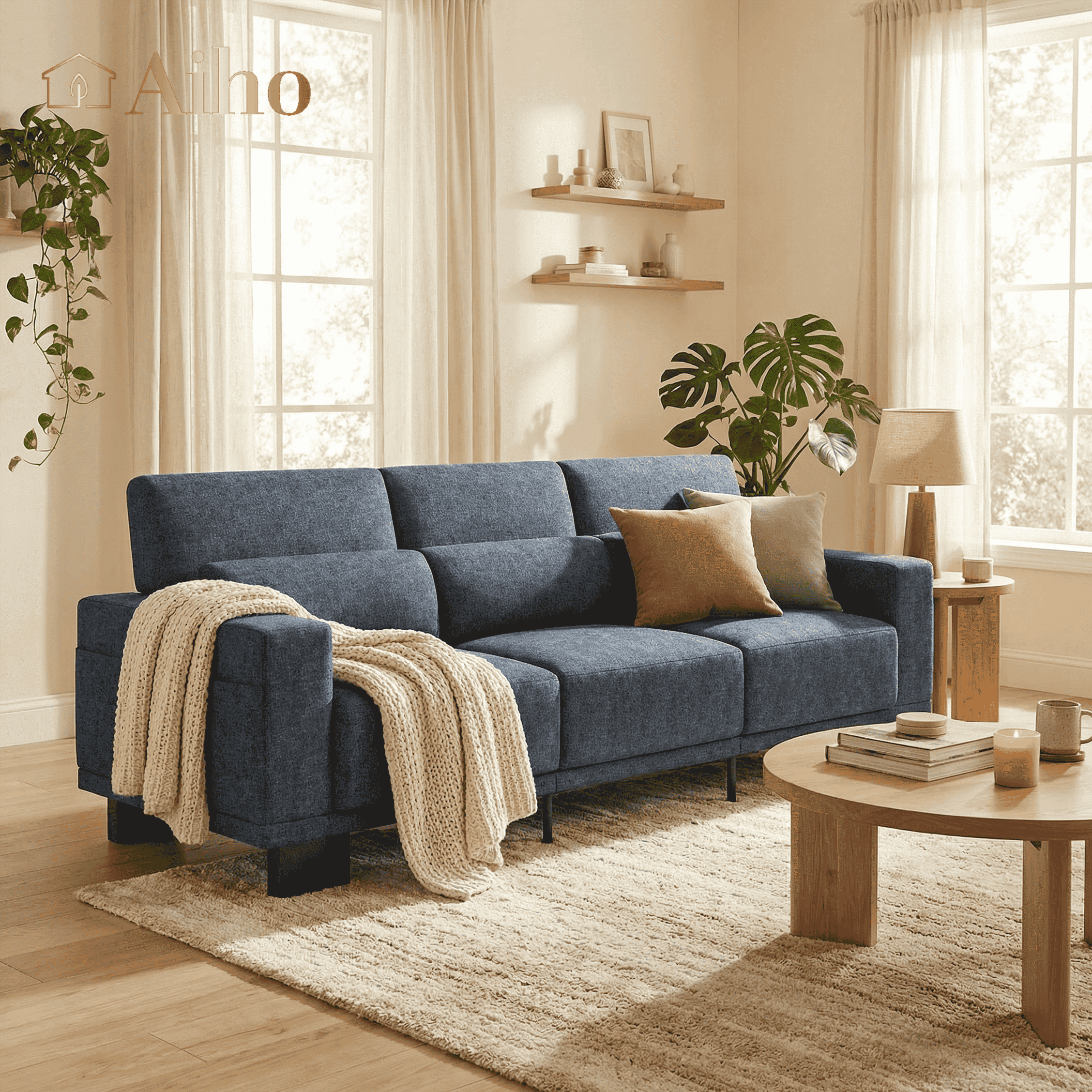 Aiho 89" Chenille Sofa 3-Seater, Pet Friendly Deep Seat Modern Couch with Wide Armrests for Living Room, Dark Gray