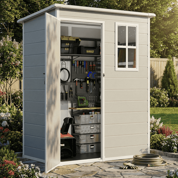 5 x 3 FT Resin Garden Shed, Aiho Outdoor Storage Shed with Floor & Lockable Door, Watheproof Plastic Storage Shed for Garden, Backyard, Gray