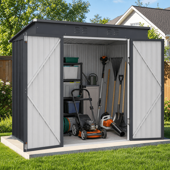 Aiho 6 x 4 FT Outdoor Metal Storage Shed, Galvanized Steel Garden Tool Shed with Lockable Hinged Double Doors, Sloped Roof and Vents, 75.6 x 48.5 x 71.3 in, Dark Gray