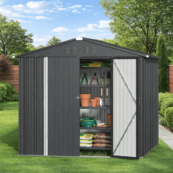 8x6 Outdoor Storage Clearance Shed, Galvanized Metal Garden Shed with Double Lockable Doors for Backyard Patio Lawn, Dark Grey