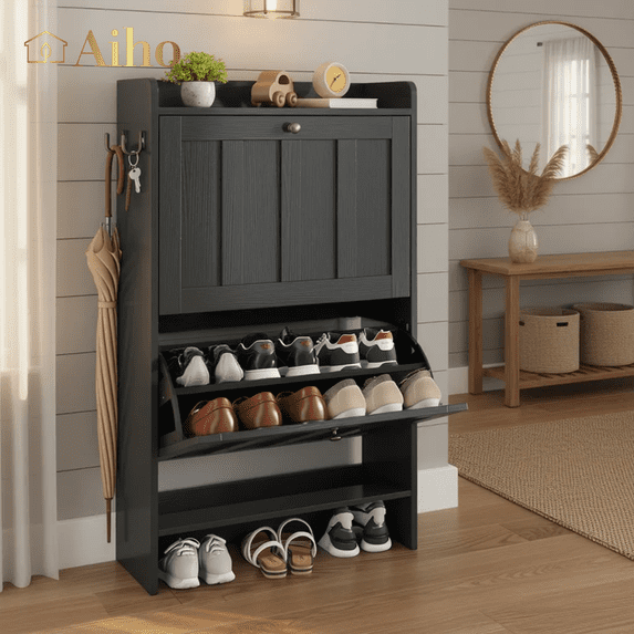 Aiho Shoe Storage Cabinet with 2 Flip Drawers and Open Storage, MDF Wood Narrow Shoe Cabinet, For Foyer, Hallway, Porch, Living Room, Balcony, Bedroom-Black