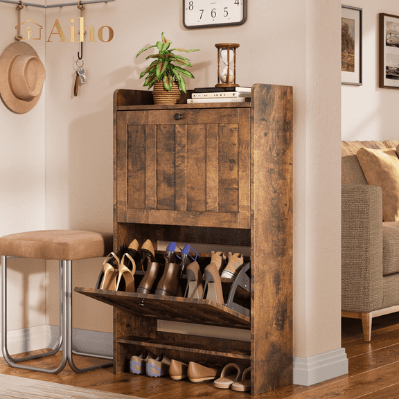 Aiho Shoe Storage Cabinet with 2 Flip Drawers and Open Storage, MDF Wood Narrow Shoe Cabinet, For Foyer, Hallway, Porch, Living Room, Balcony, Bedroom-Retro