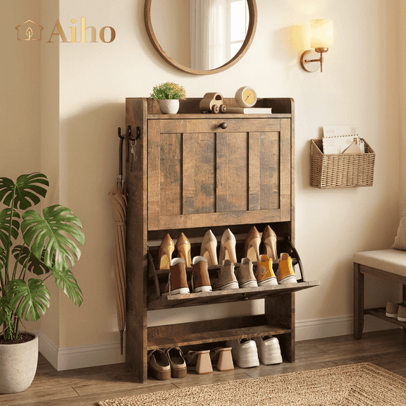 Aiho Shoe Storage Cabinet with 2 Flip Drawers and Open Storage, MDF Wood Narrow Shoe Cabinet, For Foyer, Hallway, Porch, Living Room, Balcony, Bedroom-Retro