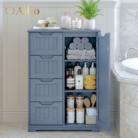 Aiho Bathroom Floor Cabinet Storage Organizer Freestanding Wooden Cupboard with Door Drawers Adjustable Shelf for Small Spaces Laundry Room Kitchen Living Room Bedroom Home Office - Gray