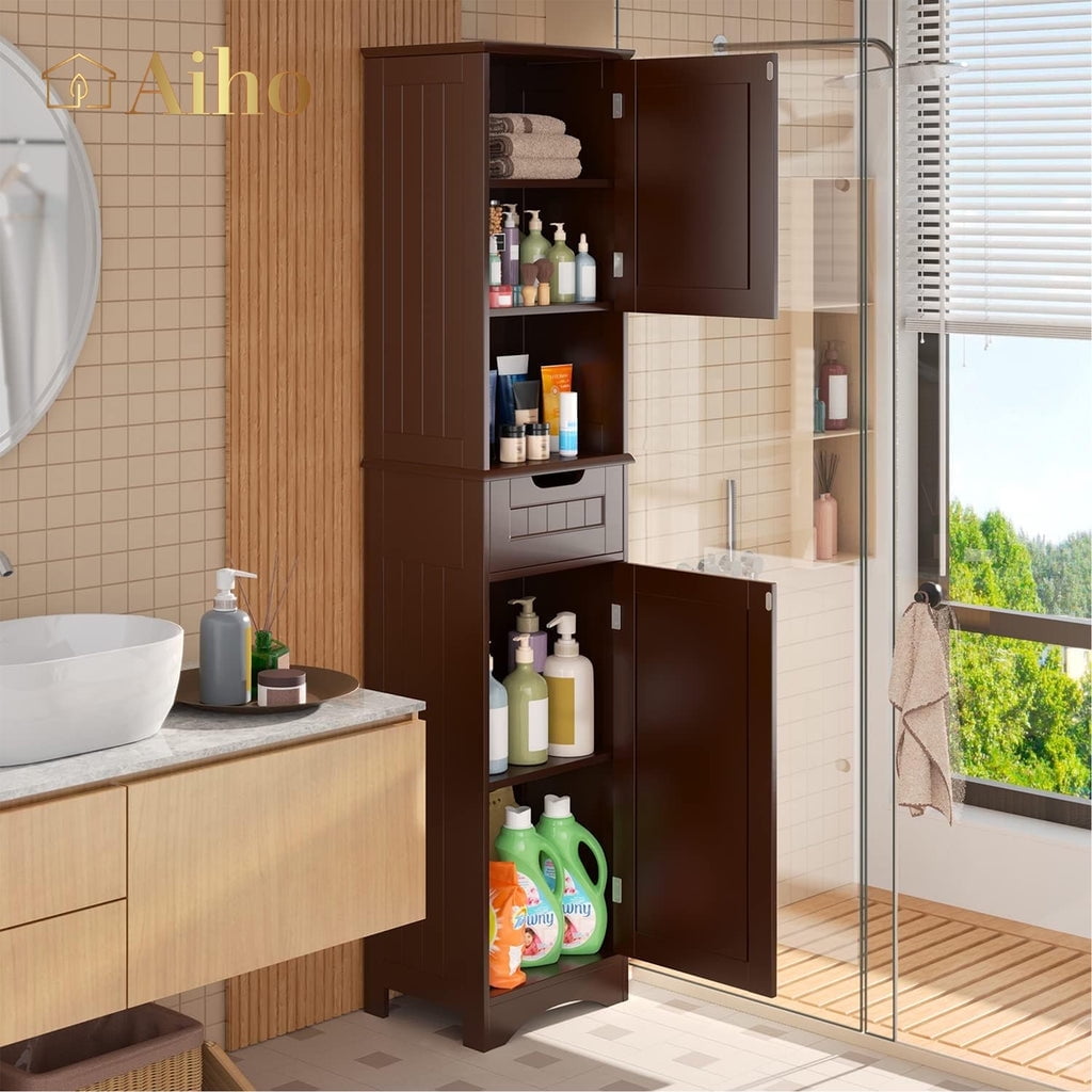 "Aiho 67""H Tall Bathroom Storage Cabinet, 2 Doors, 1 Drawer - Brown" - Walmart.com