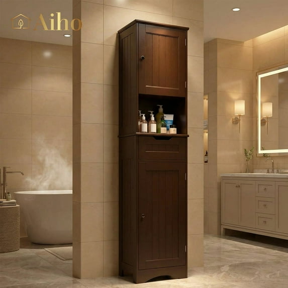 Aiho Bathroom Storage Cabinet, White Linen Cabinet, Narrow Tall Cabinet Storage Tower with Door ,Drawer and Open Storag - Dark Brown