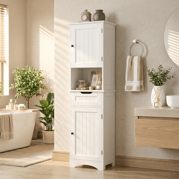 Aiho Bathroom Storage Cabinet, White Linen Cabinet, Narrow Tall Cabinet Storage Tower with Door ,Drawer and Open Storage - White
