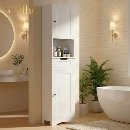 Aiho Bathroom Storage Cabinet, White Linen Cabinet, Narrow Tall Cabinet Storage Tower with Door ,Drawer and Open Storage - White